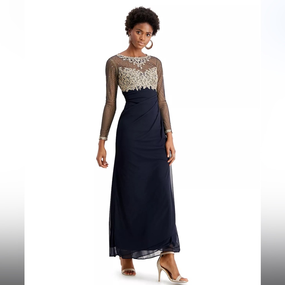 XSCAPE Embellished Illusion-Bodice Ruched Gown | Navy/Gold | Size 8 Petite